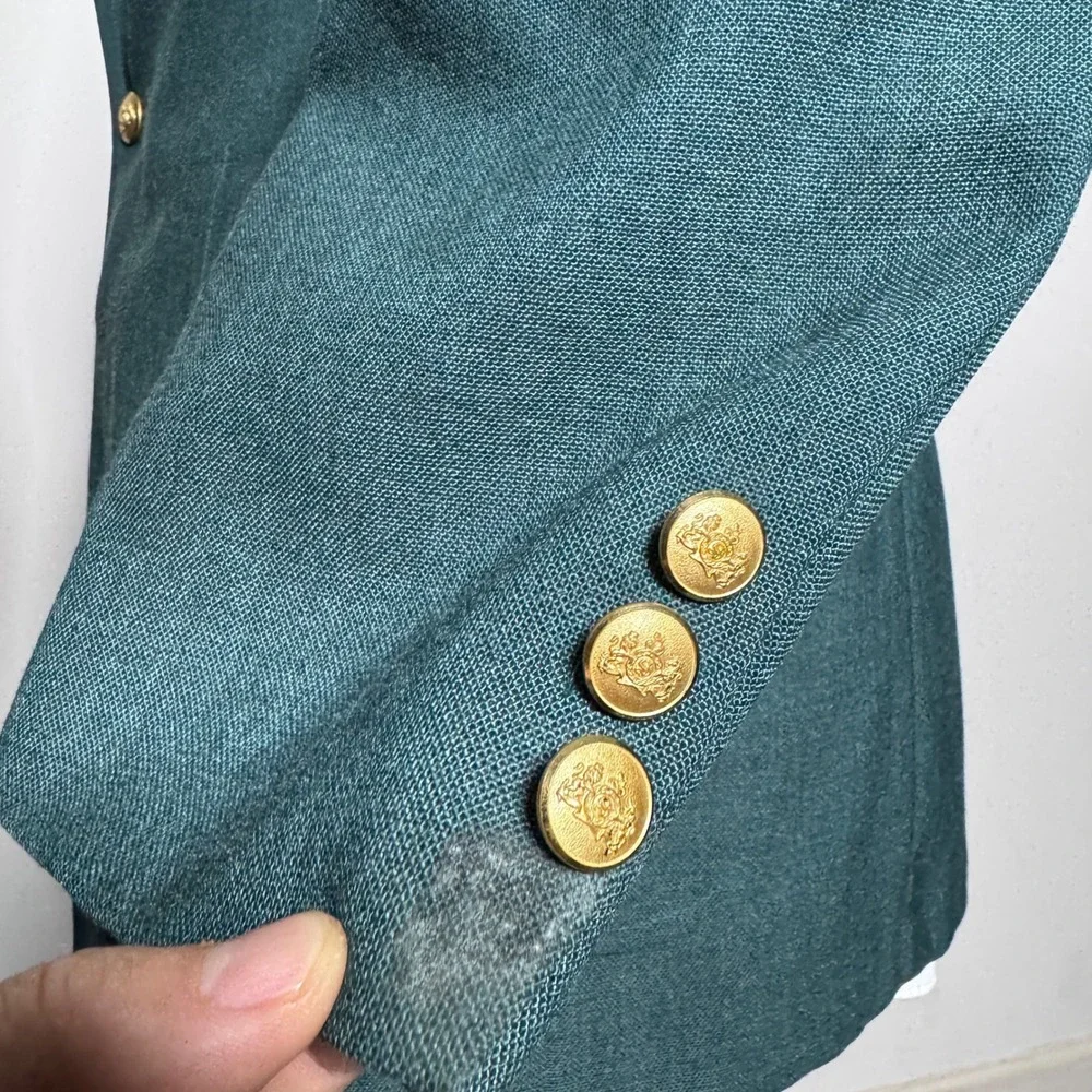 Stafford Blazer Mens 43R Teal Solid‎ Gold Crest Button Single Vent Sport Coat